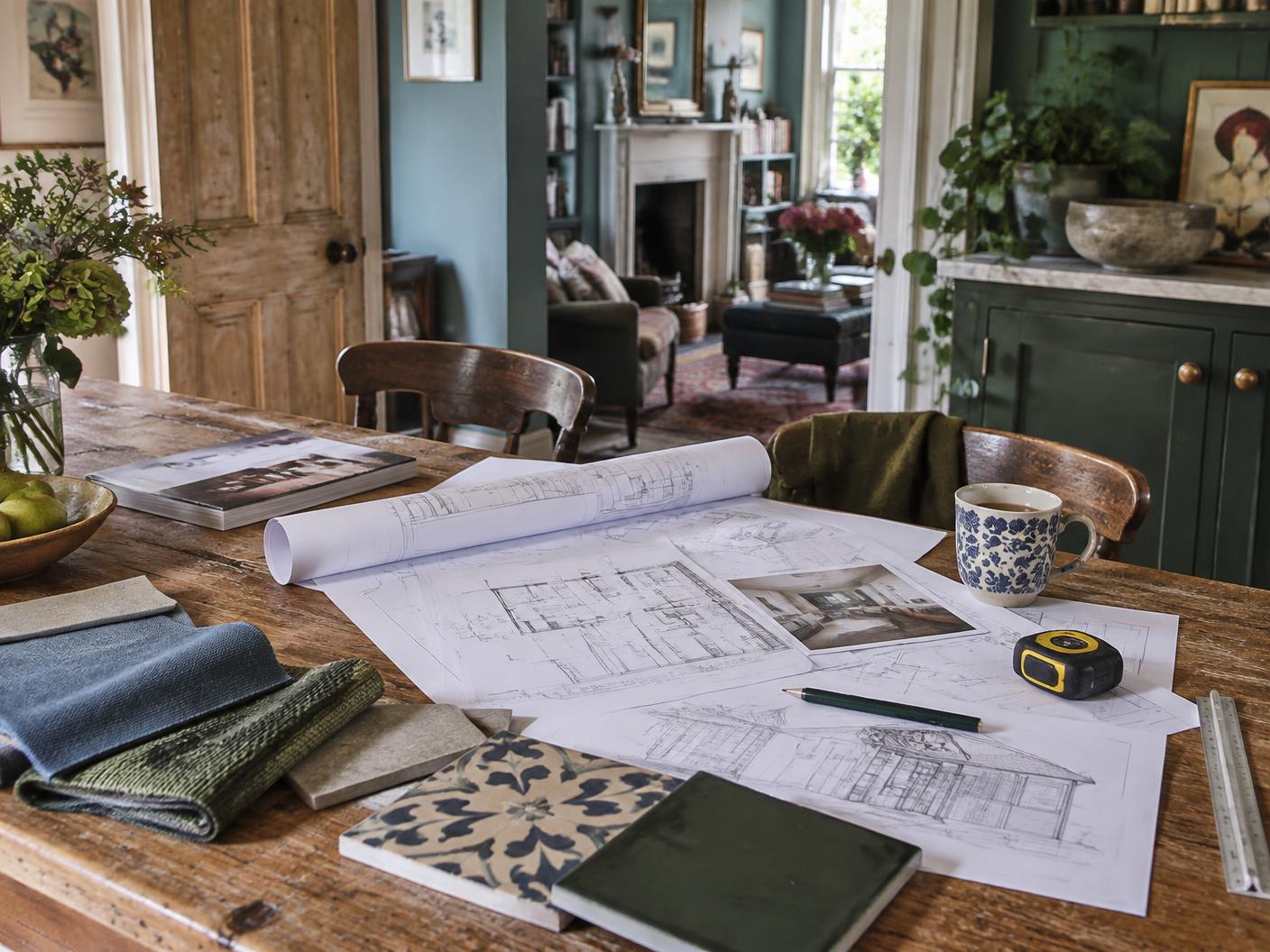 Architectural plans, tile samples and a cup of tea on an old wooden table